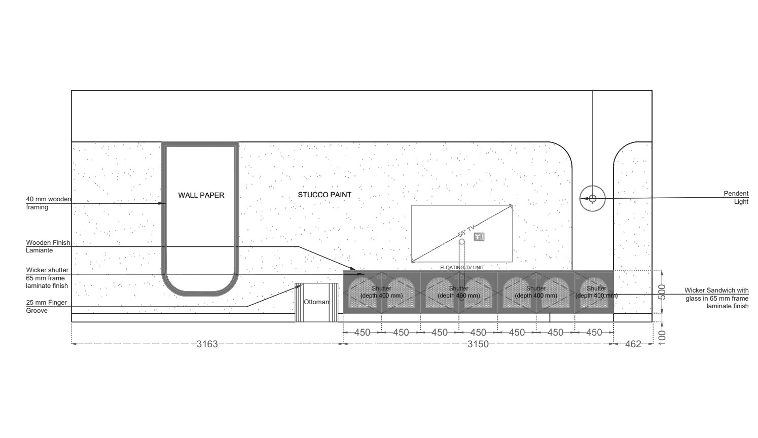 Living Room — TV Wall — Drawing